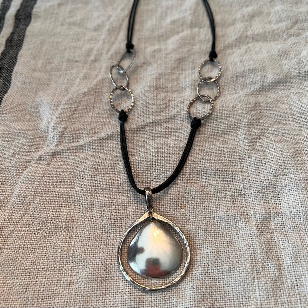 Silpada black leather cord hammered tear drop necklace